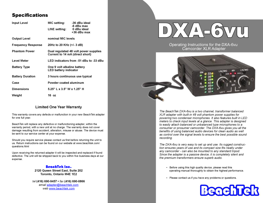 BeachTek specifications Speciﬁcations, BeachTek Inc, Operating Instructions for the DXA-6vu Camcorder XLR Adapter 