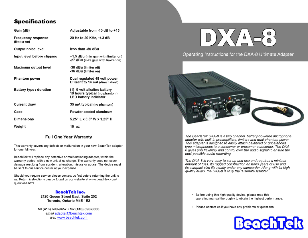 BeachTek DXA-8 specifications Speciﬁcations, Maximum output level 