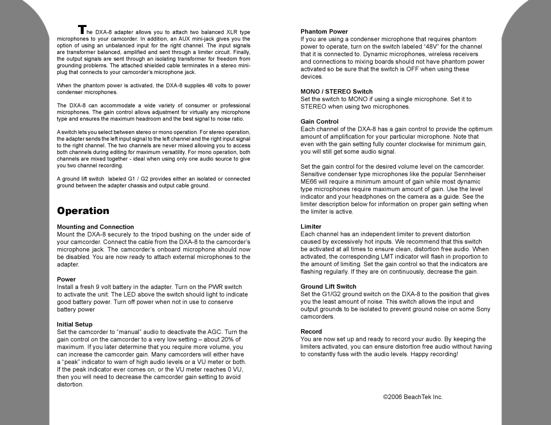 BeachTek DXA-8 specifications Operation 