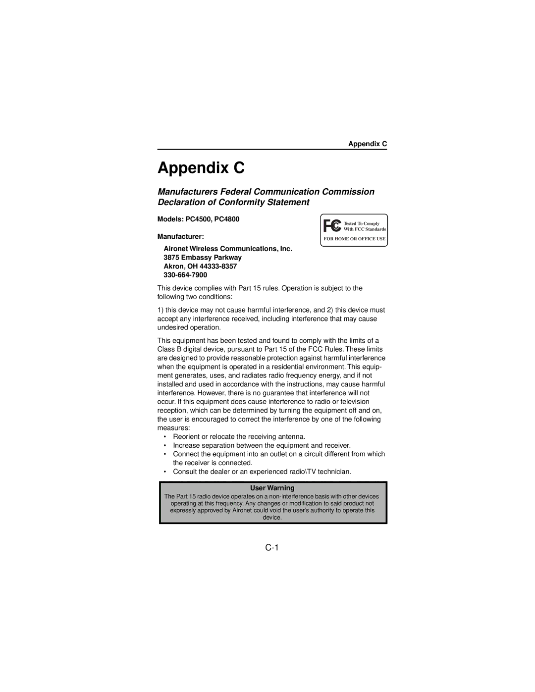 Beacon Computer Lan Adapter manual Appendix C, User Warning 