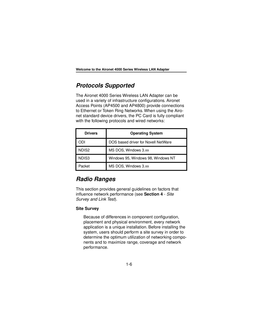 Beacon Computer Lan Adapter manual Protocols Supported, Radio Ranges, Site Survey 