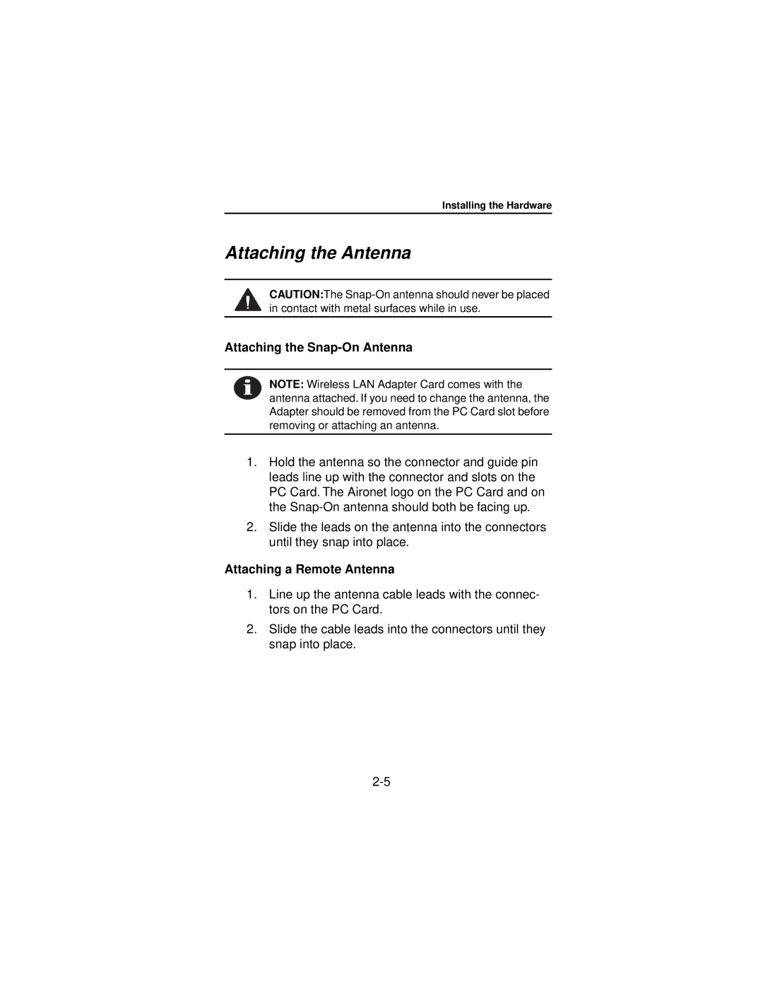 Beacon Computer Lan Adapter manual Attaching the Antenna, Attaching the Snap-On Antenna, Attaching a Remote Antenna 