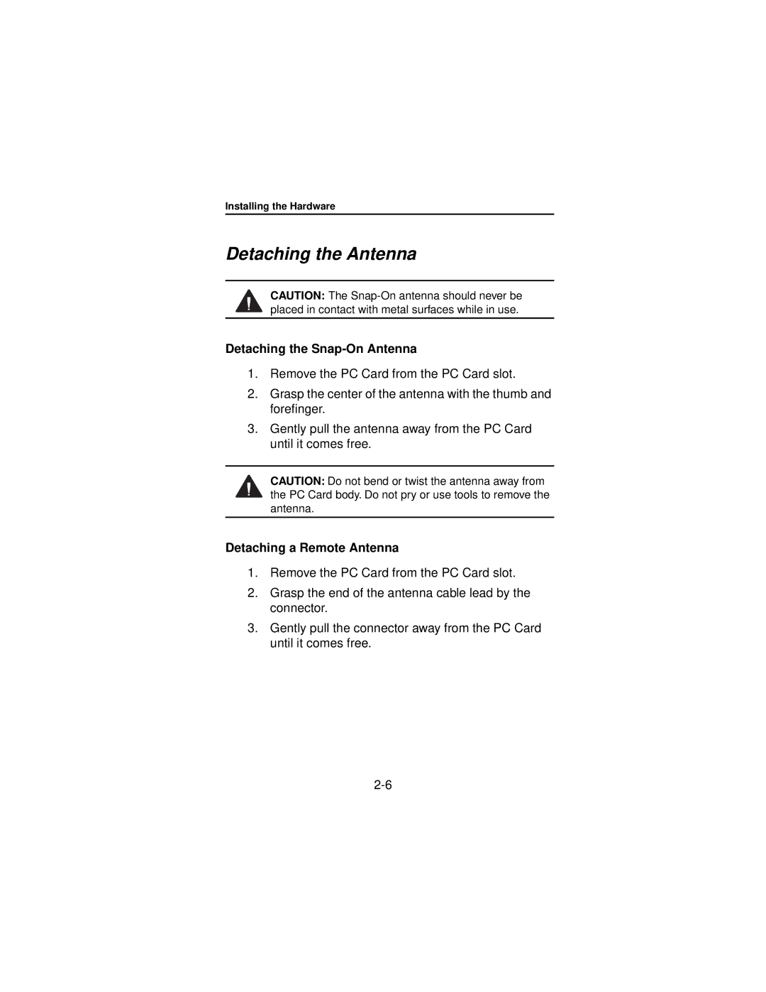 Beacon Computer Lan Adapter manual Detaching the Antenna, Detaching the Snap-On Antenna, Detaching a Remote Antenna 