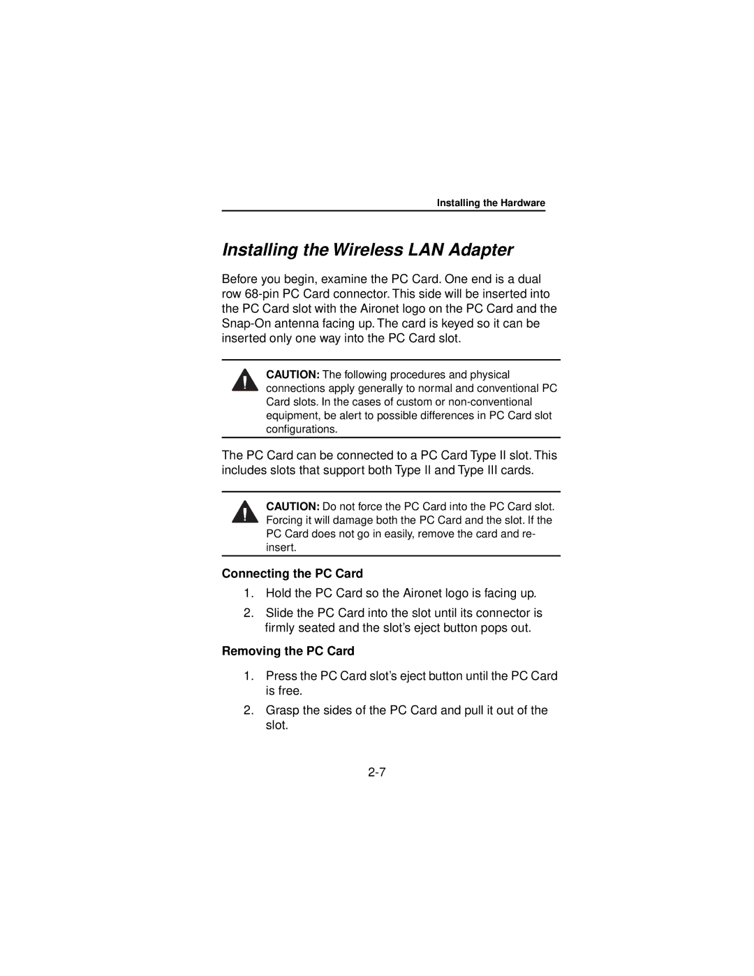 Beacon Computer Lan Adapter manual Installing the Wireless LAN Adapter, Connecting the PC Card, Removing the PC Card 