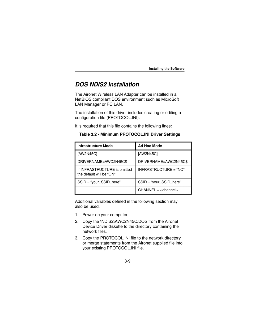 Beacon Computer Lan Adapter manual DOS NDIS2 Installation, Minimum PROTOCOL.INI Driver Settings 