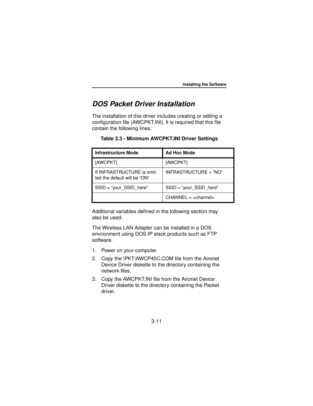 Beacon Computer Lan Adapter manual DOS Packet Driver Installation, Minimum AWCPKT.INI Driver Settings 