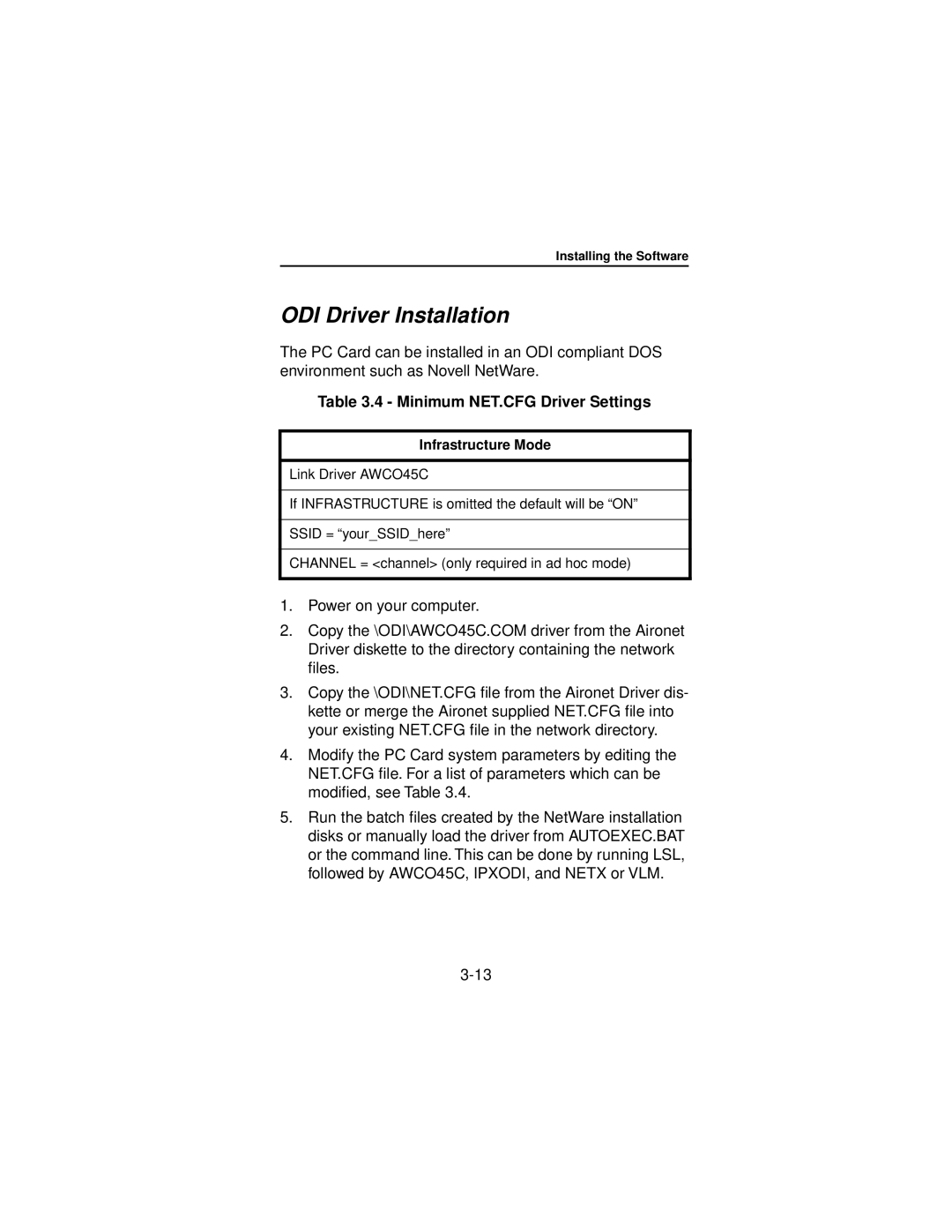 Beacon Computer Lan Adapter manual ODI Driver Installation, Minimum NET.CFG Driver Settings 