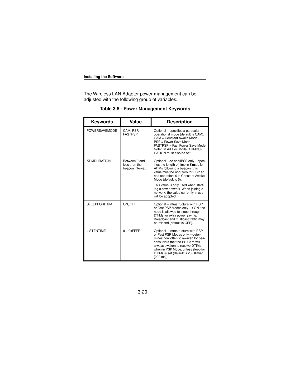 Beacon Computer Lan Adapter manual Power Management Keywords Value Description 