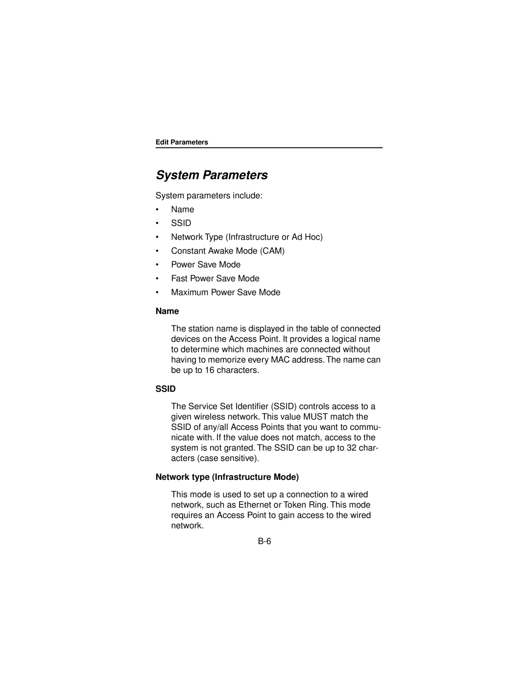 Beacon Computer Lan Adapter manual System Parameters, Name, Network type Infrastructure Mode 