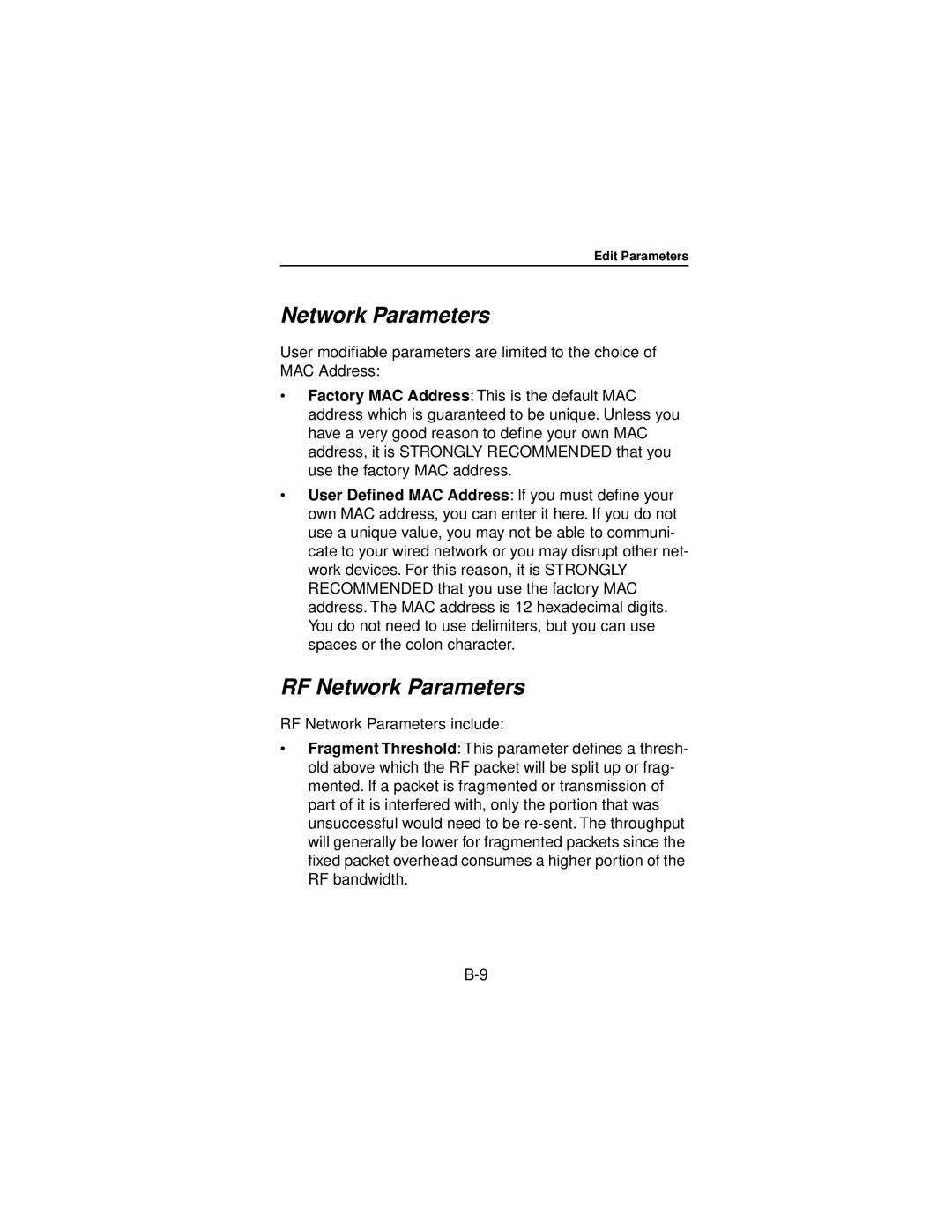 Beacon Computer Lan Adapter manual RF Network Parameters 