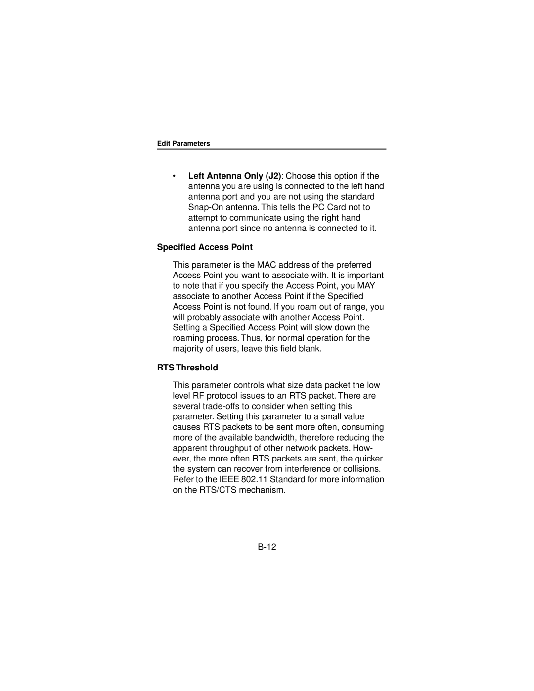 Beacon Computer Lan Adapter manual Speciﬁed Access Point, RTS Threshold 