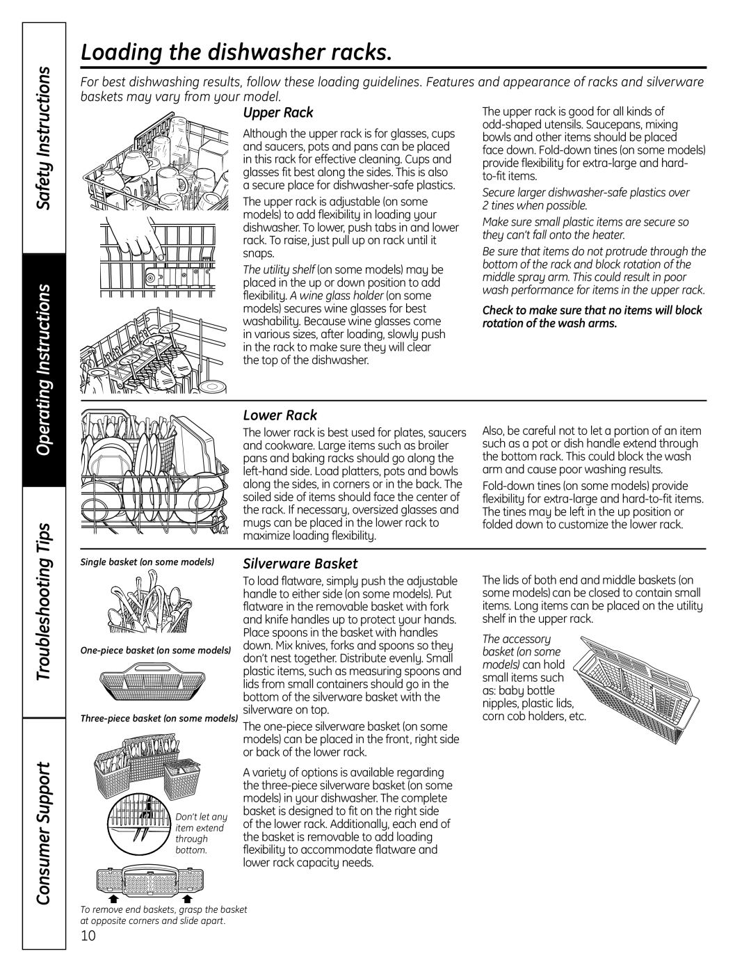 Beaumark 16SD4700P348 warranty Loading the dishwasher racks, Upper Rack, Lower Rack, Silverware Basket, Safety Instructions 