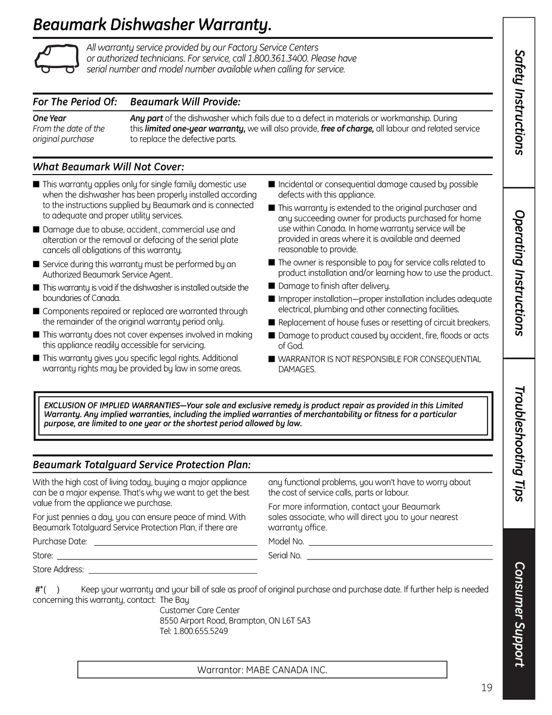 Beaumark 16SD4700P348 Beaumark Dishwasher Warranty, For The Period Beaumark Will Provide, What Beaumark Will Not Cover 