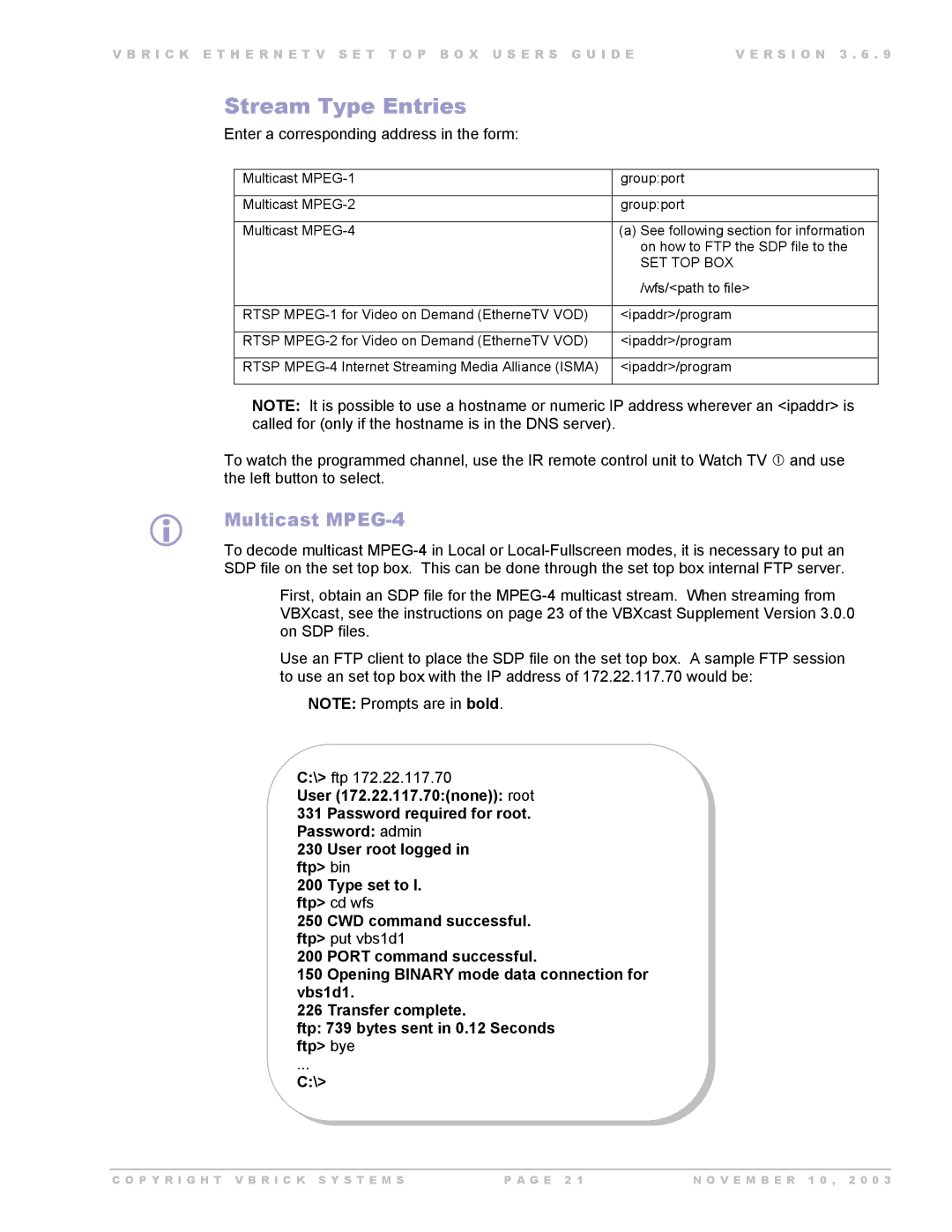 Beaumont Products MPEG - 1, MPEG - 4, MPEG - 2 manual Stream Type Entries, Multicast MPEG-4 