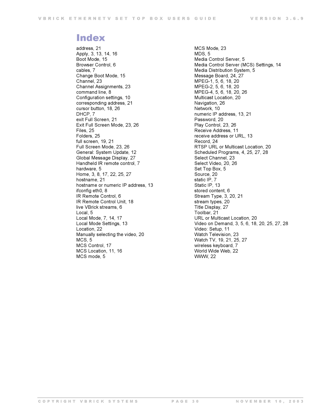 Beaumont Products MPEG - 1, MPEG - 4, MPEG - 2 manual Index, Dhcp 