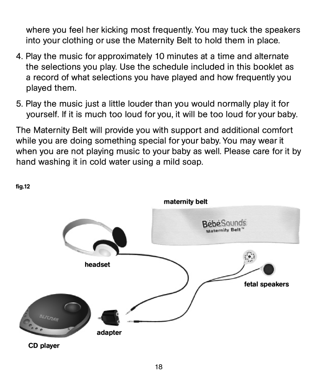 Bebe Sounds Be005 instruction manual Maternity belt Headset Fetal speakers Adapter CD player 