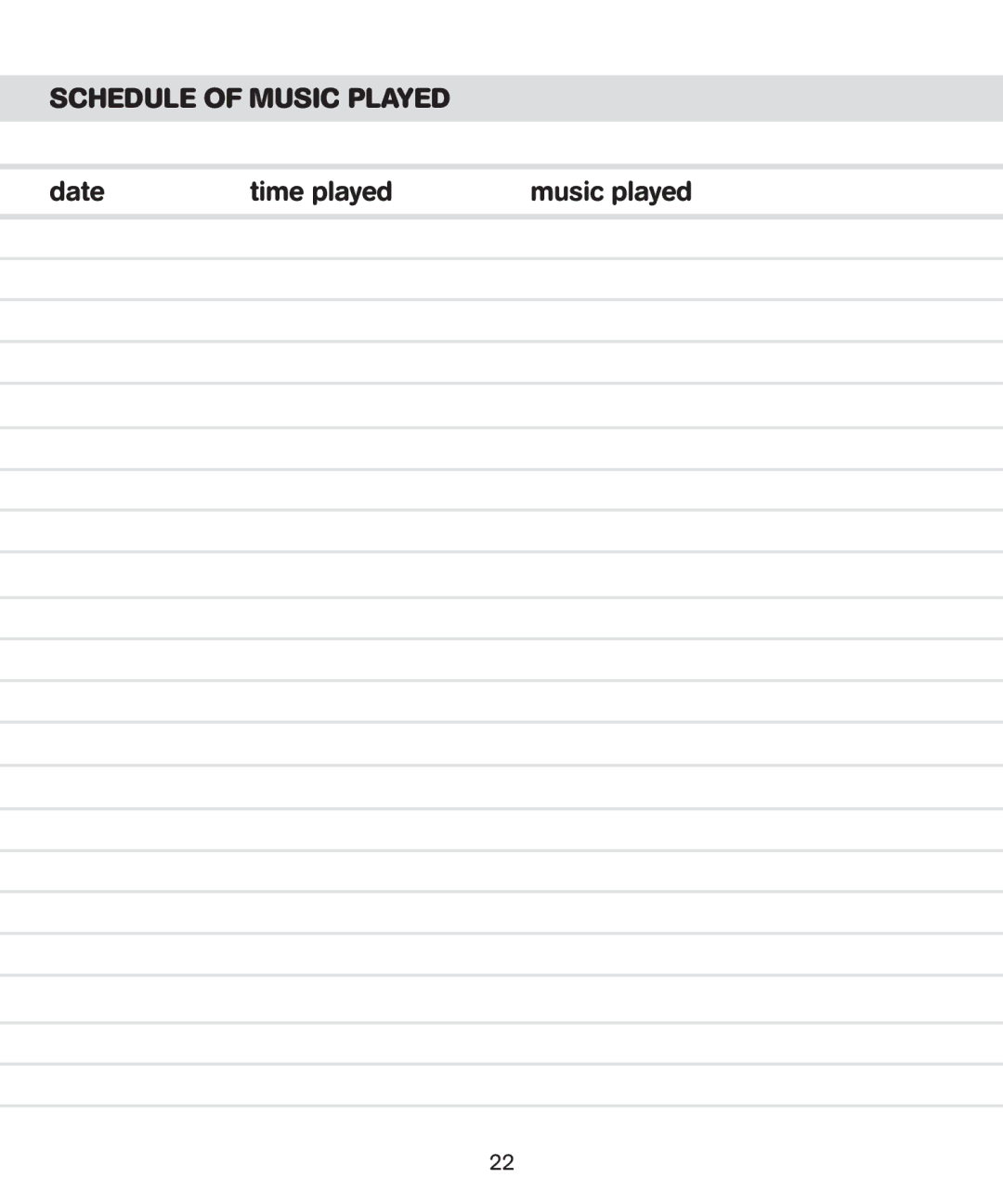 Bebe Sounds Be005 instruction manual Schedule of Music Played 