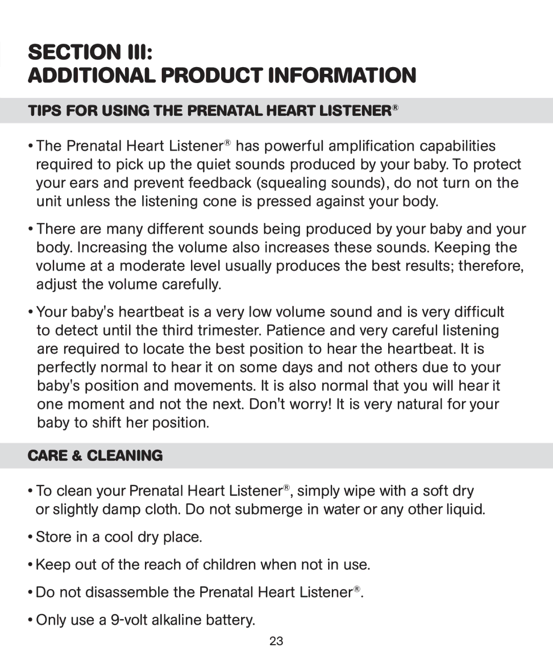 Bebe Sounds Be005 instruction manual Tips for Using the Prenatal Heart Listener, Care & Cleaning 