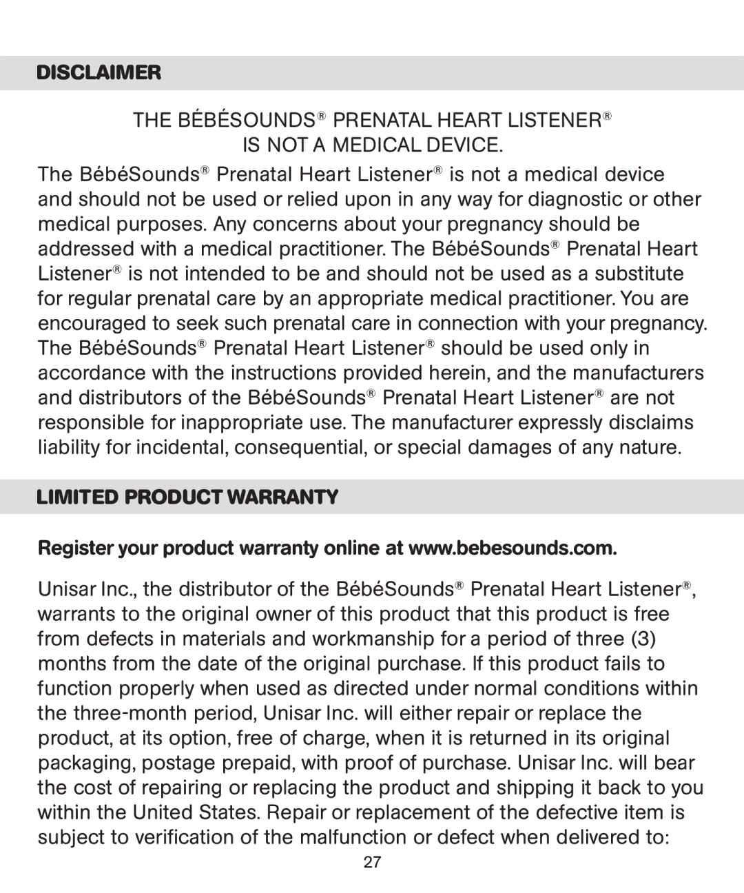 Bebe Sounds Be005 instruction manual Disclaimer, Limited Product Warranty 