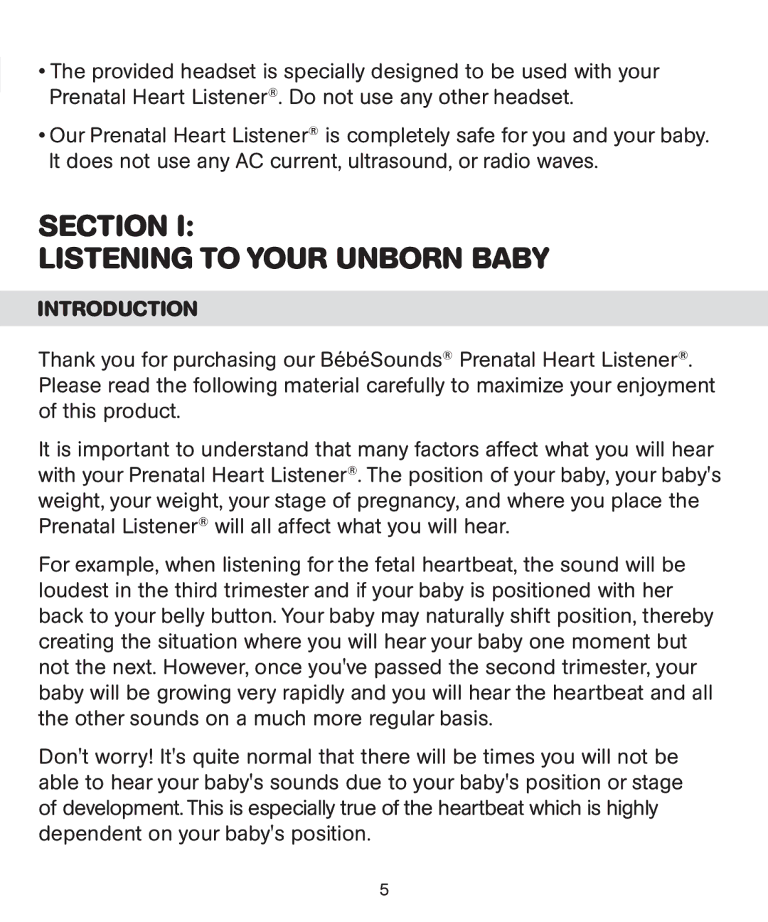 Bebe Sounds Be005 instruction manual Section Listening to Your Unborn Baby, Introduction 