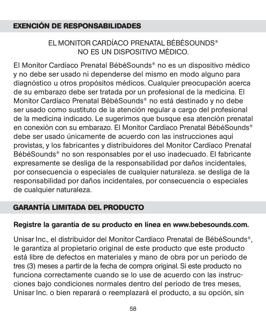 Bebe Sounds Be005 instruction manual Exención DE Responsabilidades, Garantía Limitada DEL Producto 