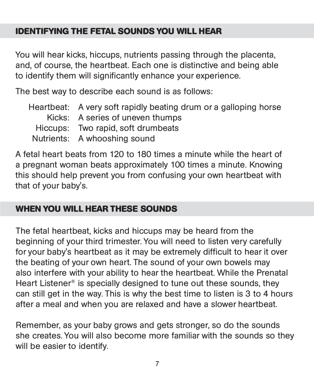 Bebe Sounds Be005 instruction manual Identifying the Fetal Sounds YOU will Hear, When YOU will Hear These Sounds 