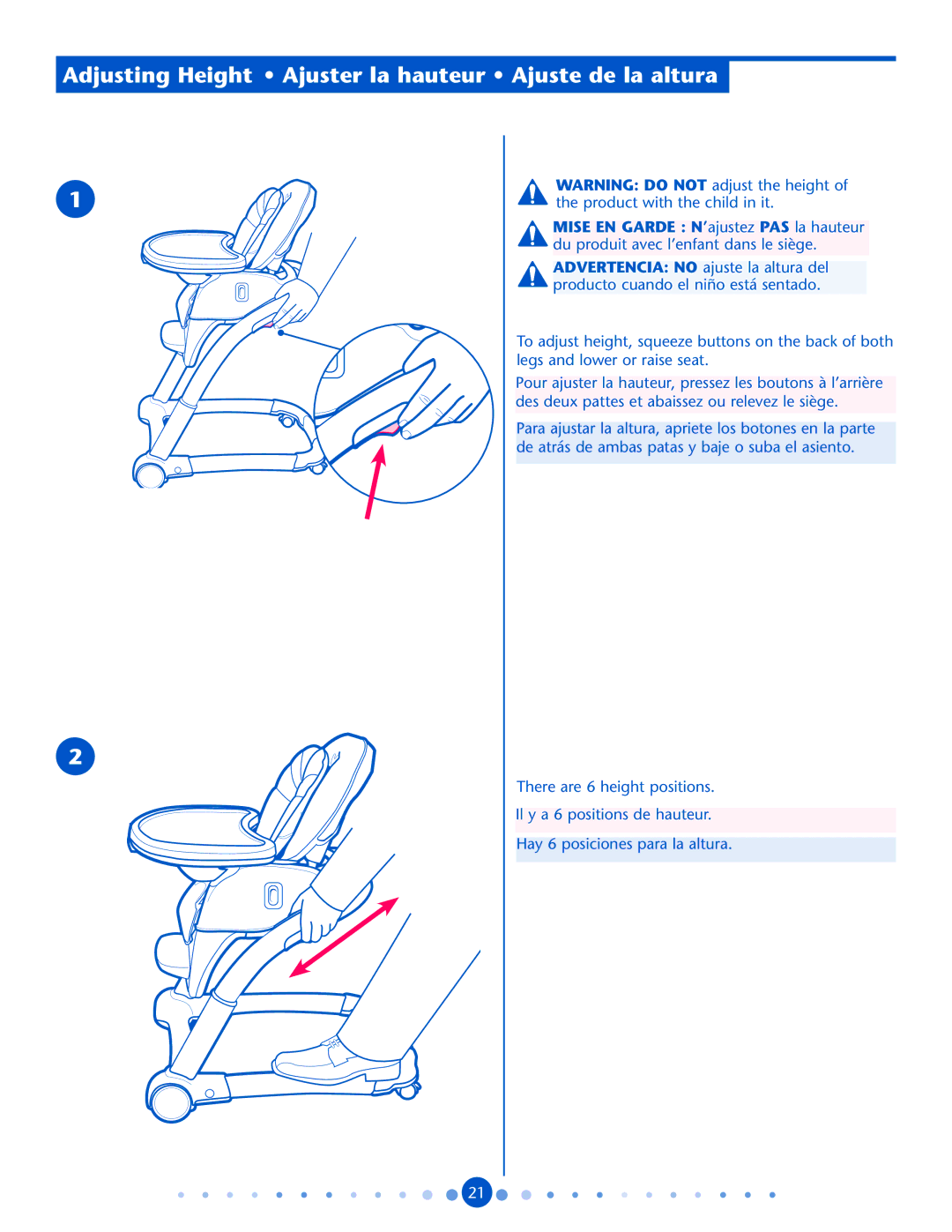 Bebe Sounds Blossom manual Adjusting Height Ajuster la hauteur Ajuste de la altura 