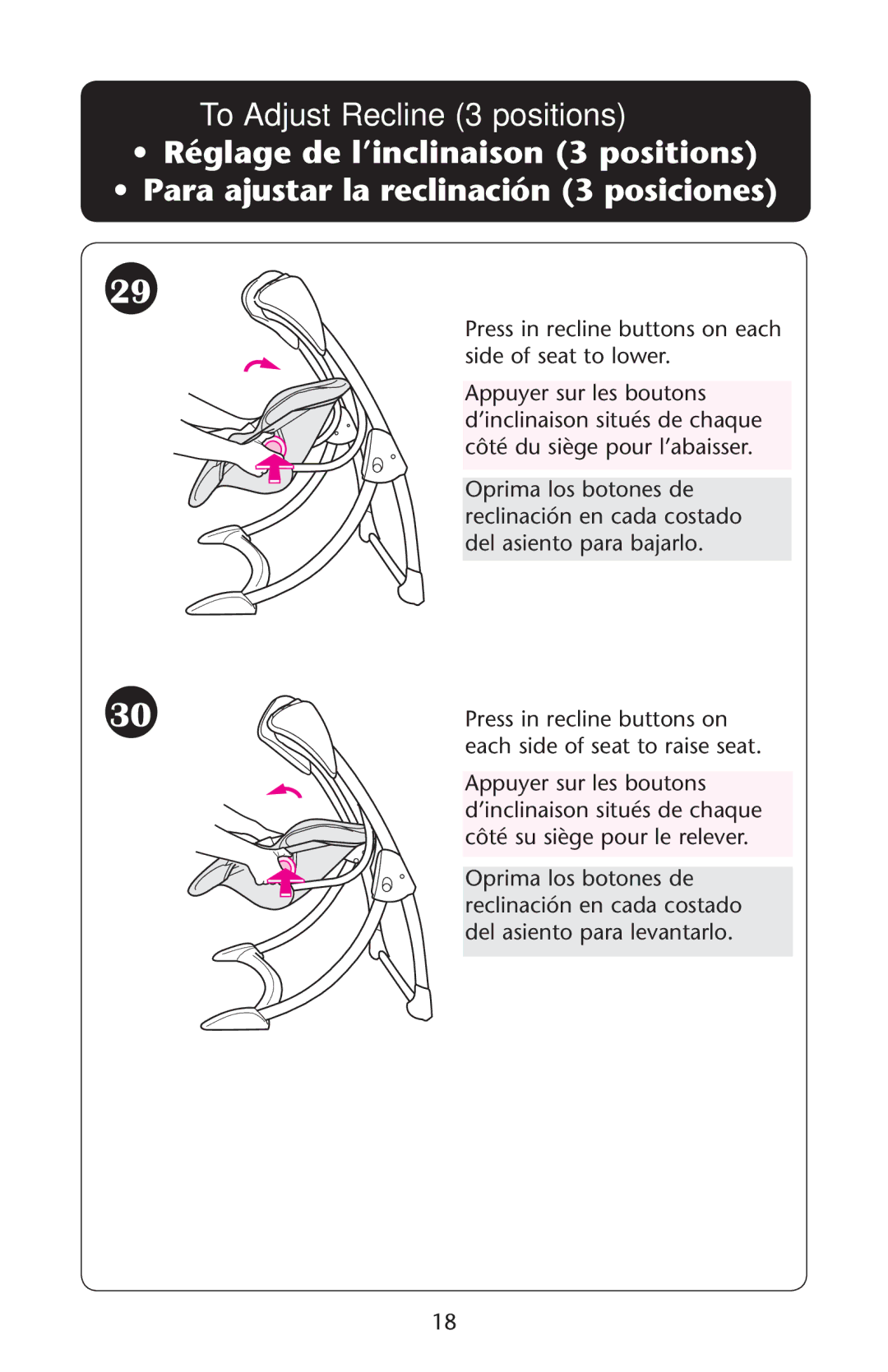 Bebe Sounds Silhouette owner manual To Adjust Recline 3 positions, Ppuyerusuruleseboutonst 