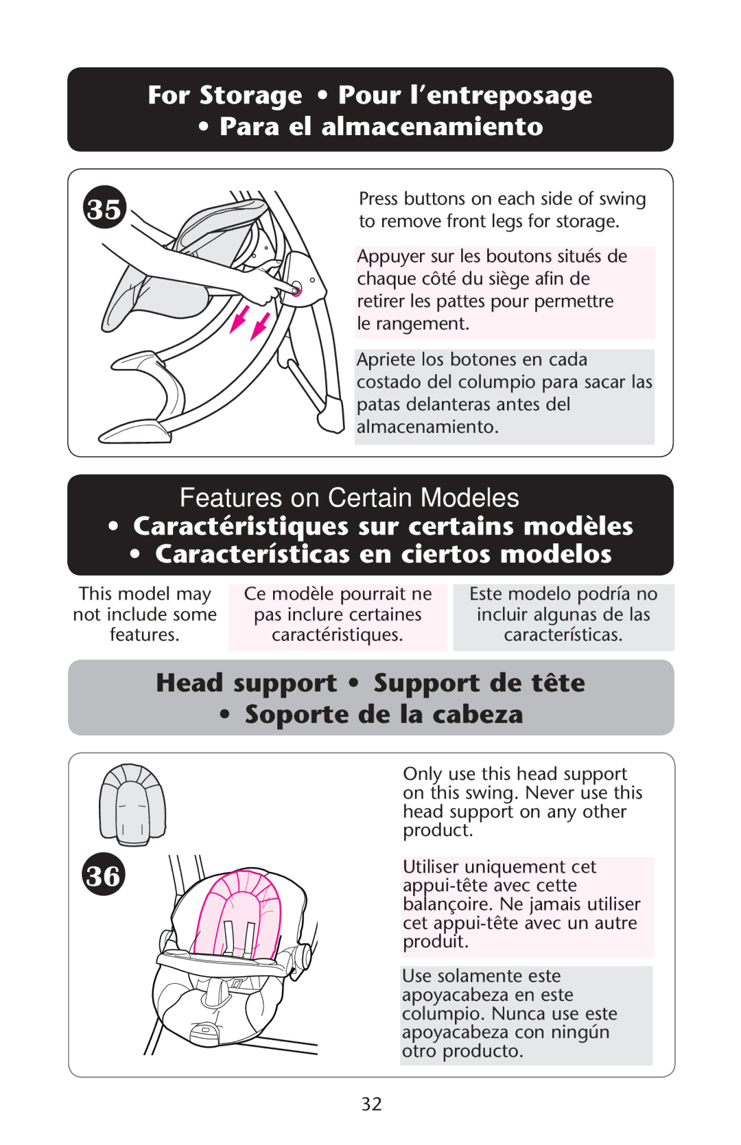 Bebe Sounds Silhouette owner manual Features on Certain Modeles, ORO3TORAGER s 0OUR LENTREPOSAGEE ss0ARA EL Almacenamiento 