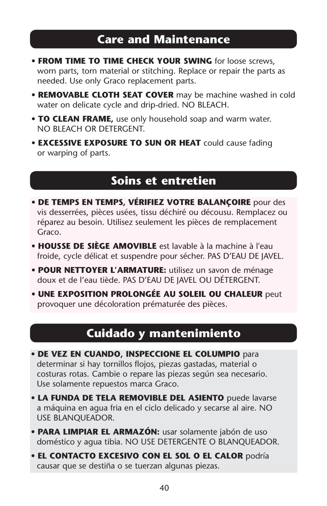 Bebe Sounds Silhouette owner manual Care and Maintenance, Soins et entretien, Cuidado y mantenimiento, # /2 $%4%2%.4 