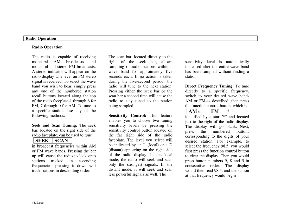 Becker Designed 1432 manual Seek Scan, Radio Operation 