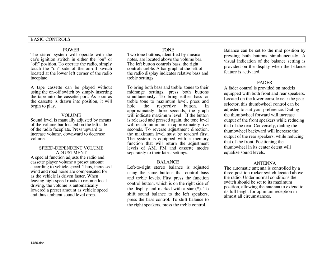 Becker Designed 1480 manual Basic Controls Power, SPEED-DEPENDENT Volume Adjustment, Tone, Balance, Fader, Antenna 