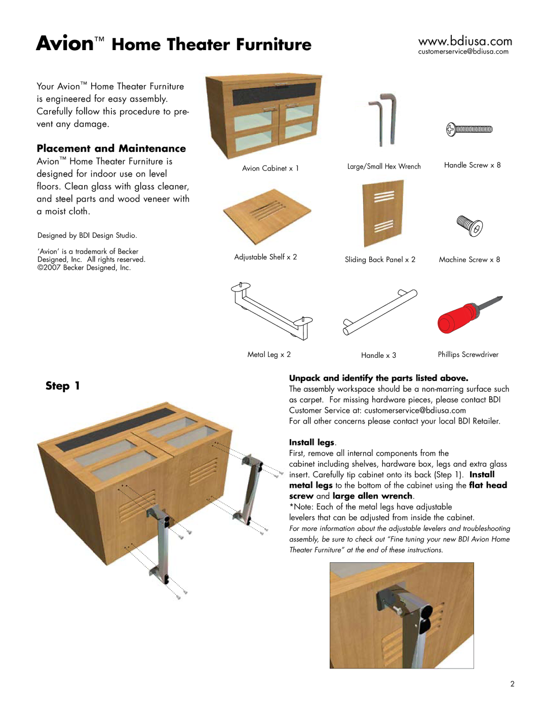 Becker Designed 8528A manual Step, Unpack and identify the parts listed above, Install legs 