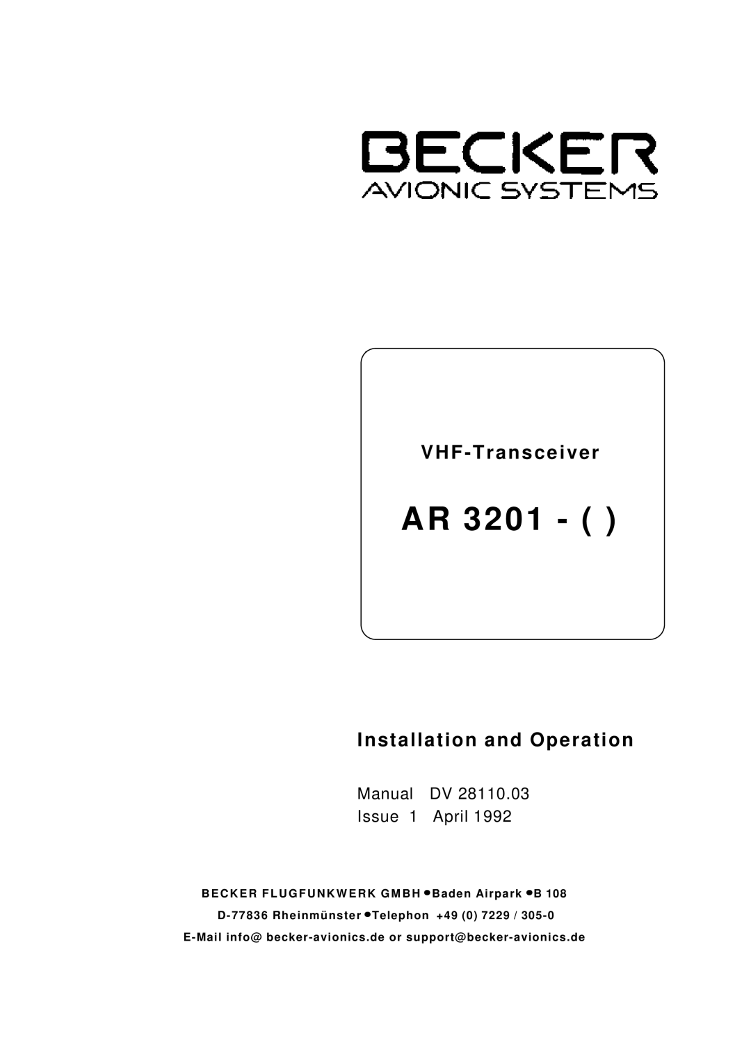 Becker Designed AR 3201 operation manual VHF Transceiver Installation and Operation 