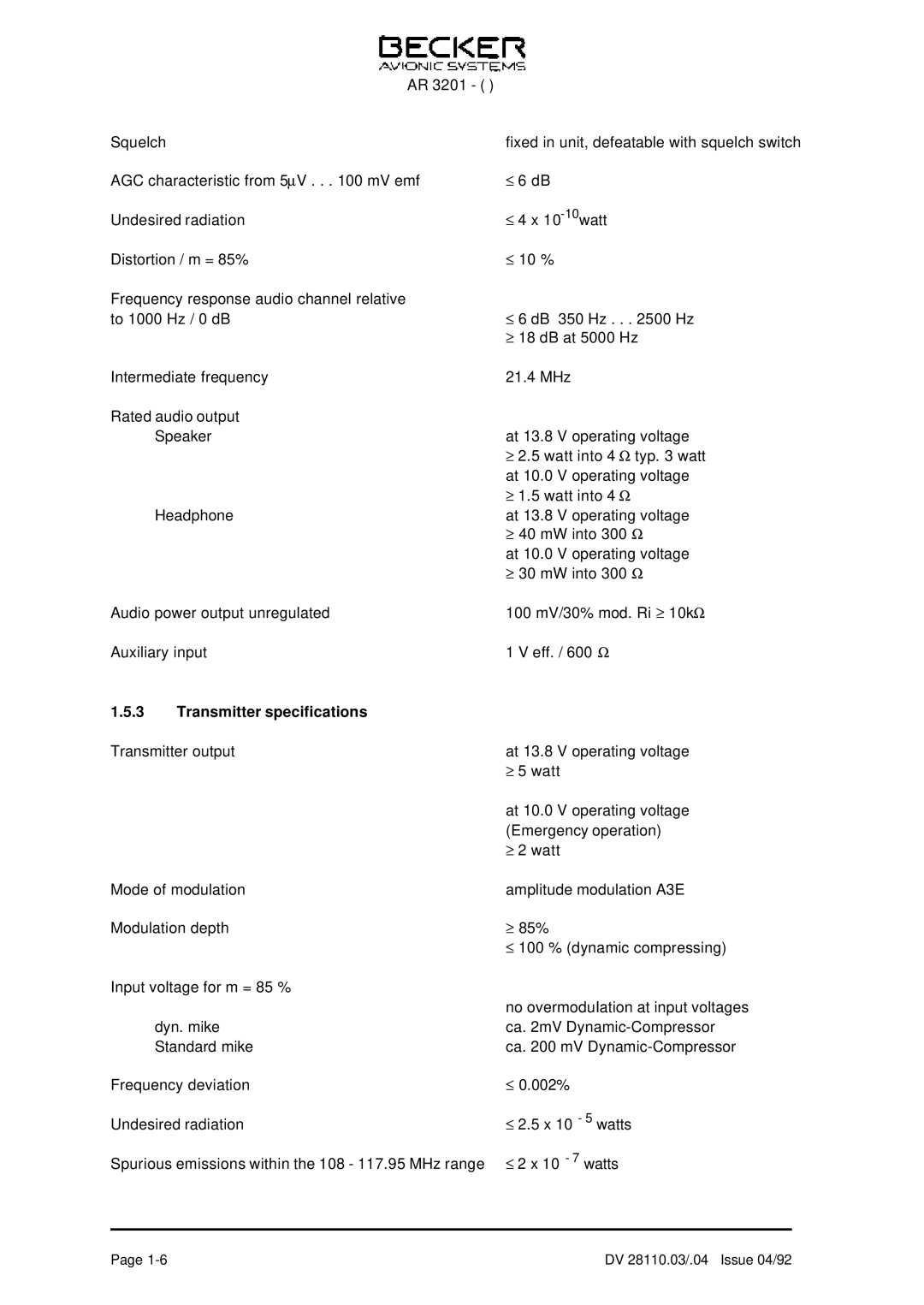 Becker Designed AR 3201 operation manual Transmitter specifications 