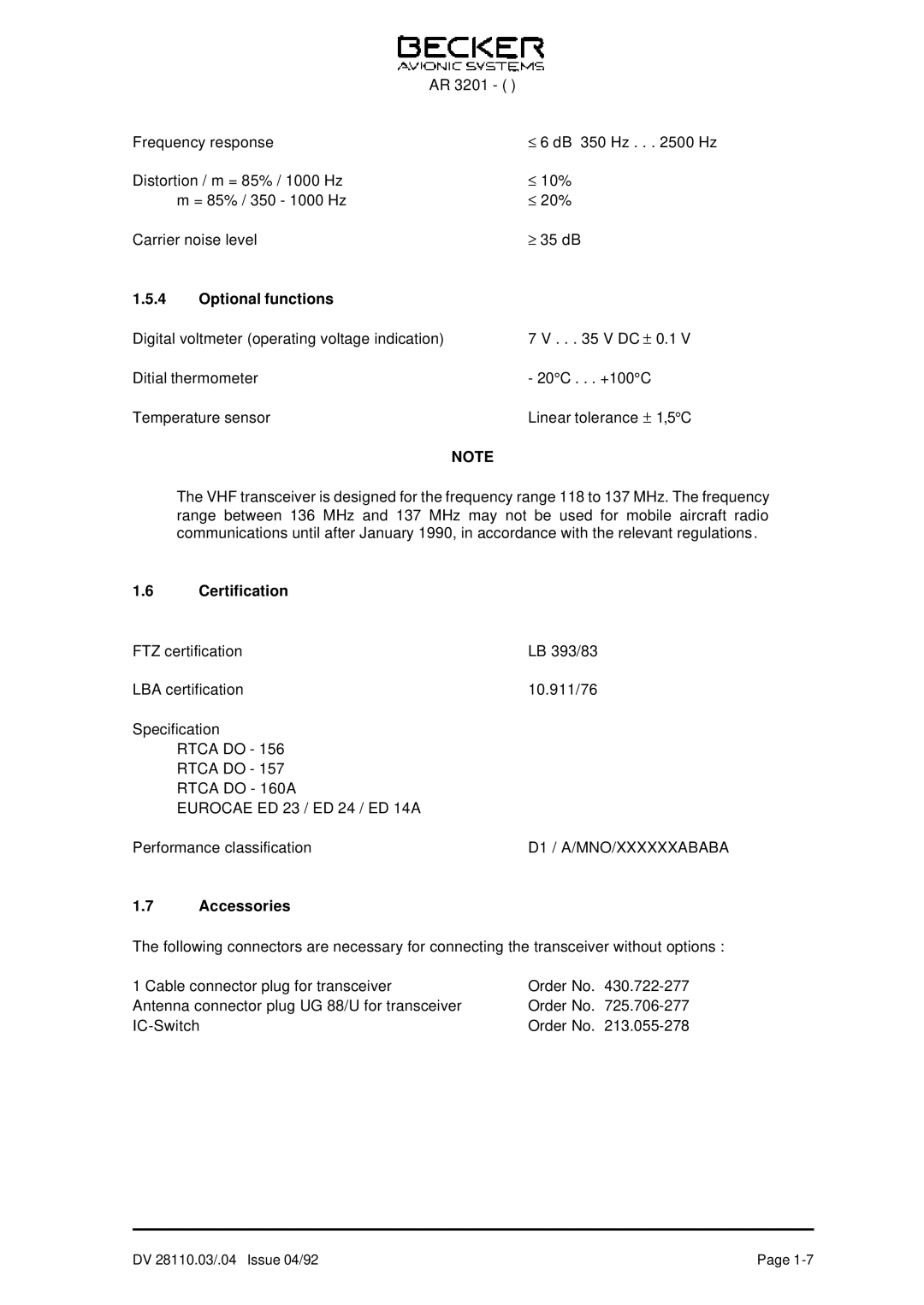 Becker Designed AR 3201 operation manual Optional functions, Certification, Accessories 