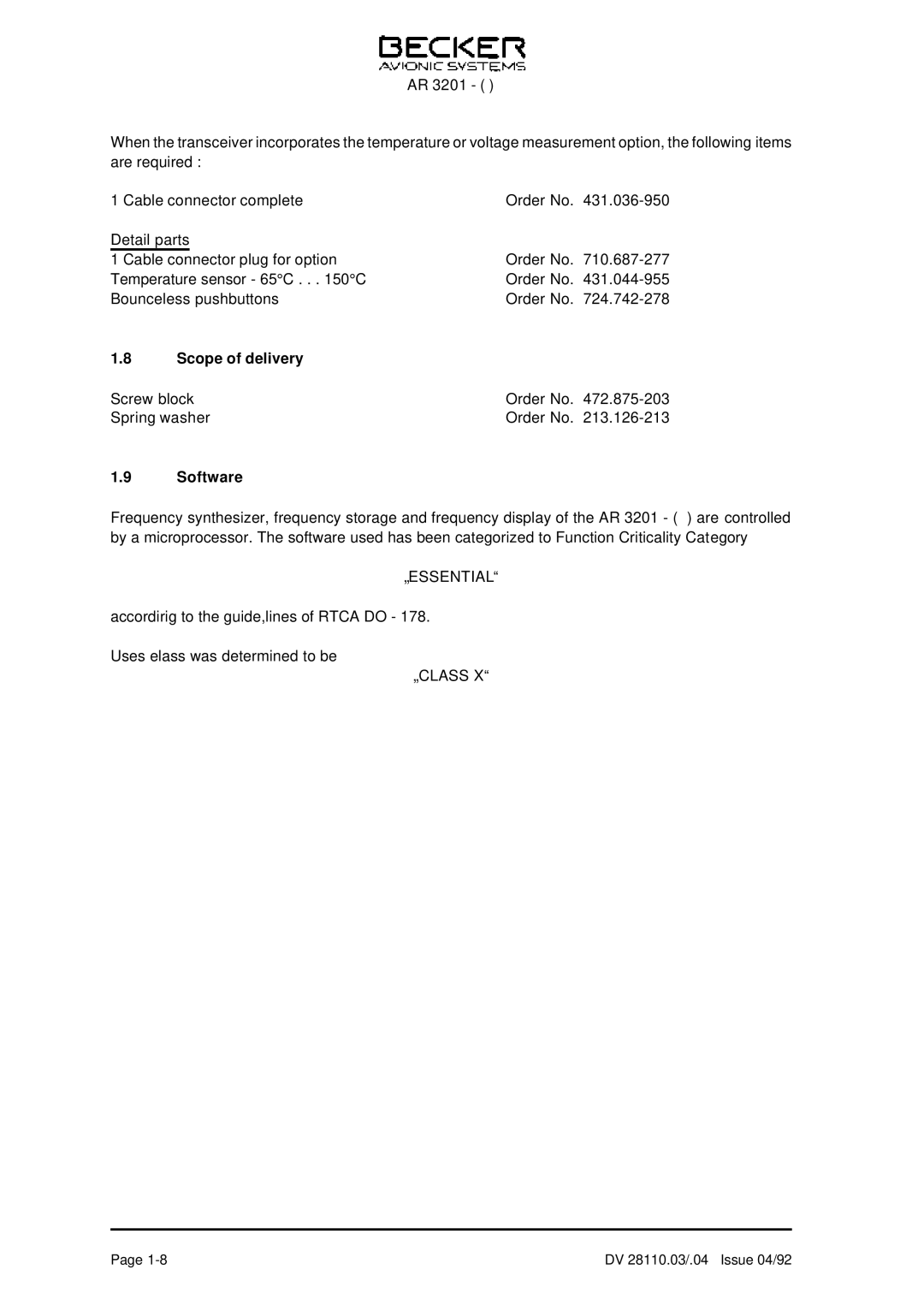 Becker Designed AR 3201 operation manual Scope of delivery, Software 