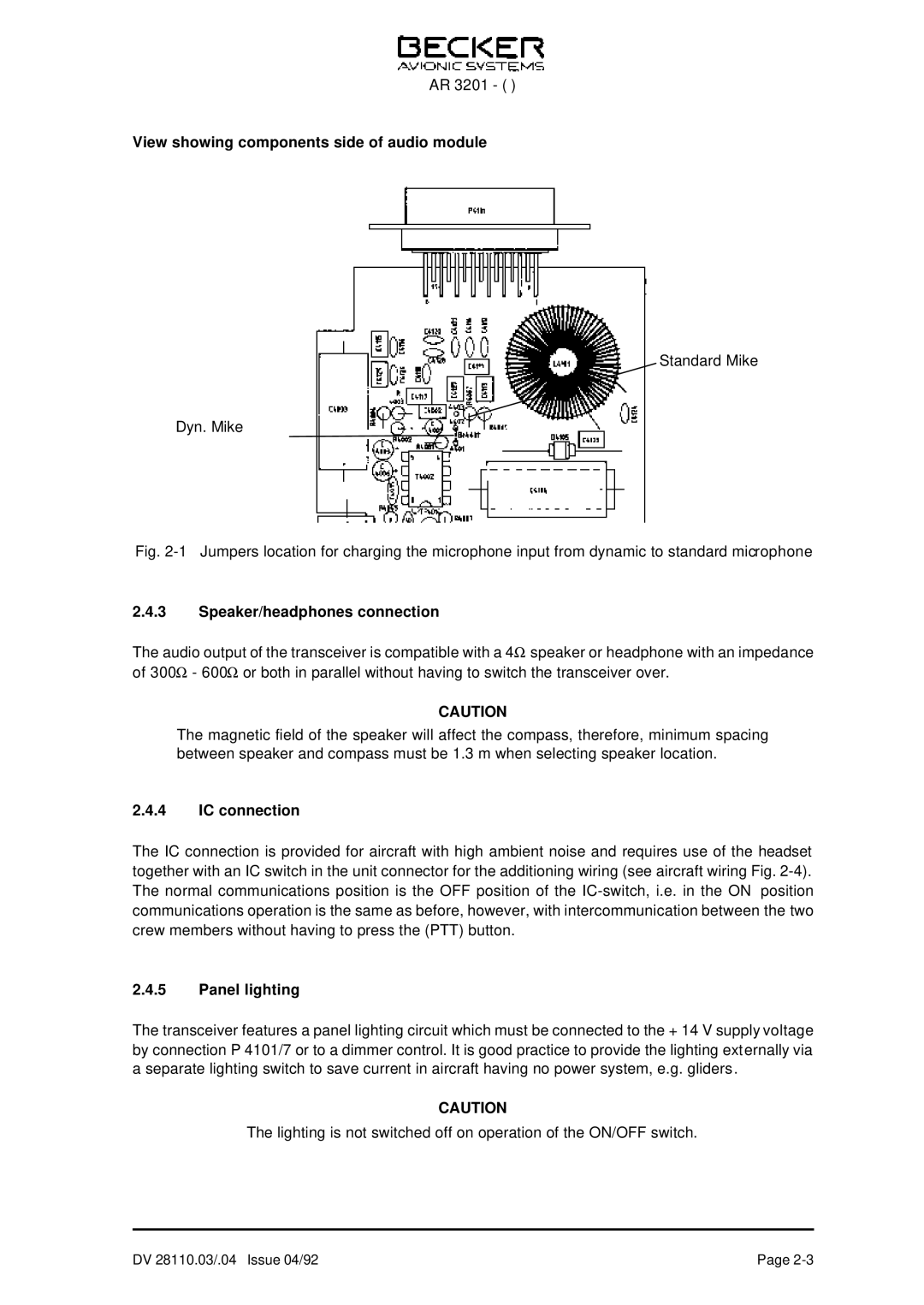 Becker Designed AR 3201 View showing components side of audio module, Speaker/headphones connection, IC connection 