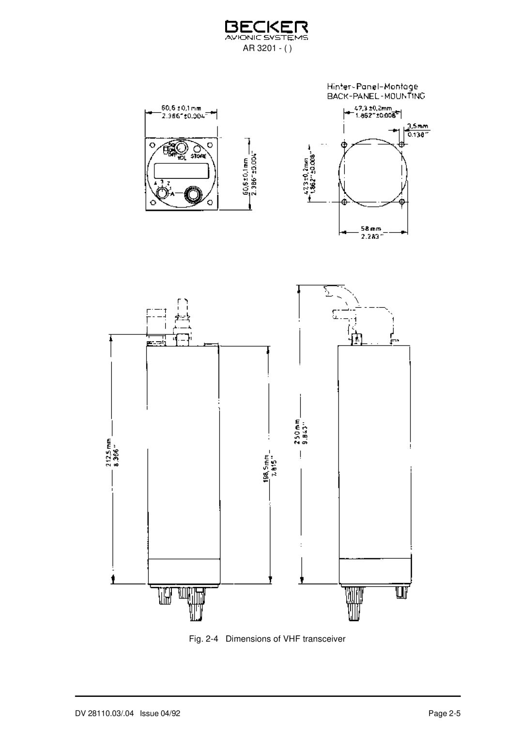 Becker Designed AR 3201 operation manual Dimensions of VHF transceiver 