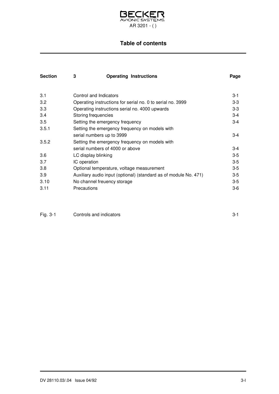 Becker Designed AR 3201 operation manual Section Operating Instructions 