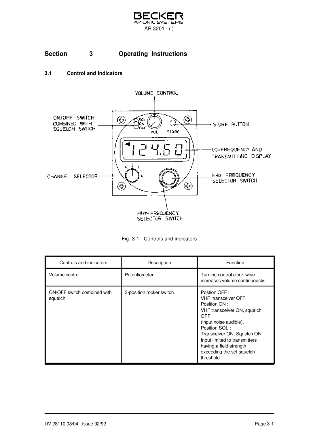 Becker Designed AR 3201 operation manual Section Operating Instructions, Control and Indicators 