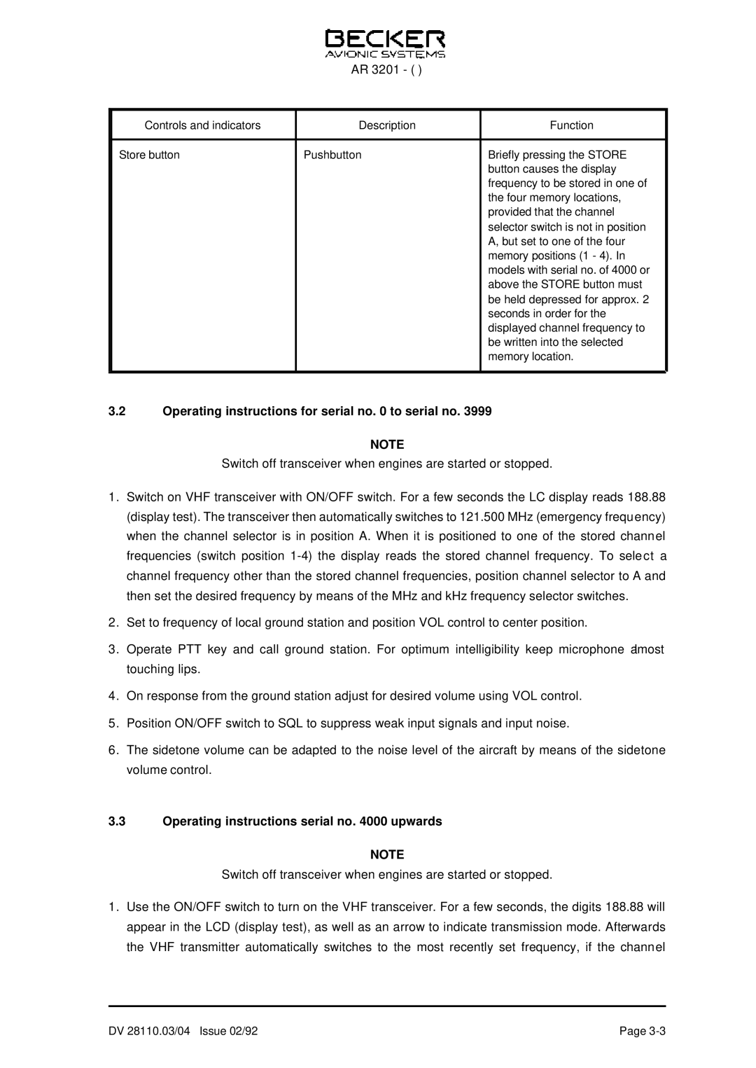 Becker Designed AR 3201 Operating instructions for serial no to serial no, Operating instructions serial no upwards 