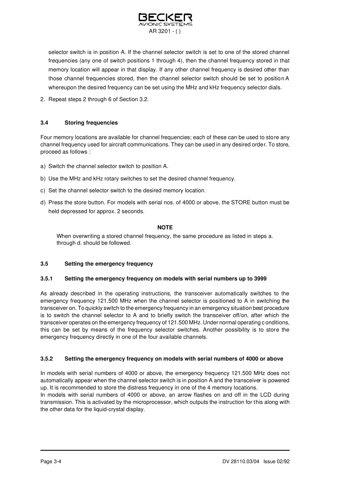 Becker Designed AR 3201 operation manual Storing frequencies 