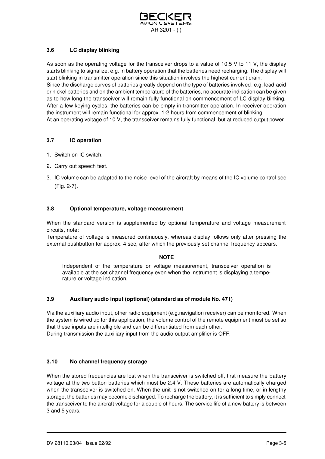 Becker Designed AR 3201 operation manual LC display blinking, IC operation, Optional temperature, voltage measurement 
