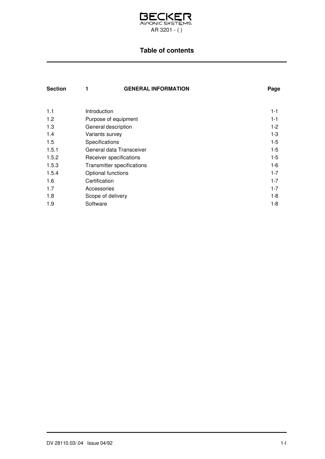 Becker Designed AR 3201 operation manual Table of contents 