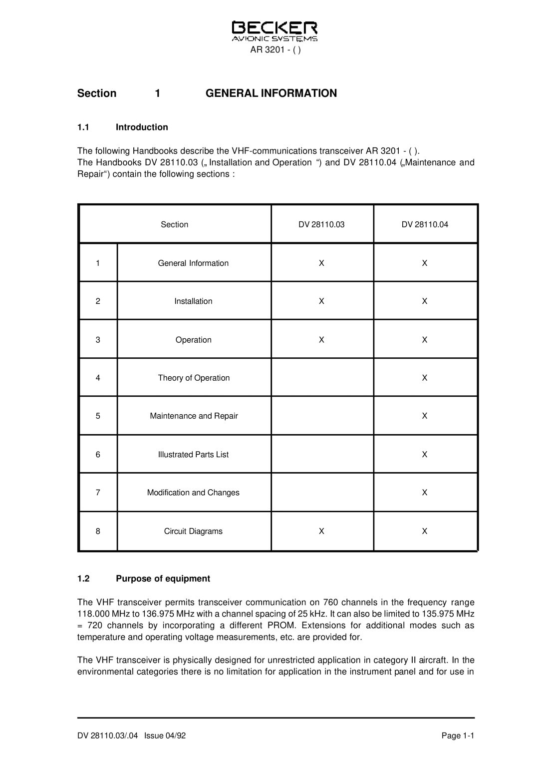 Becker Designed AR 3201 operation manual Introduction, Purpose of equipment 