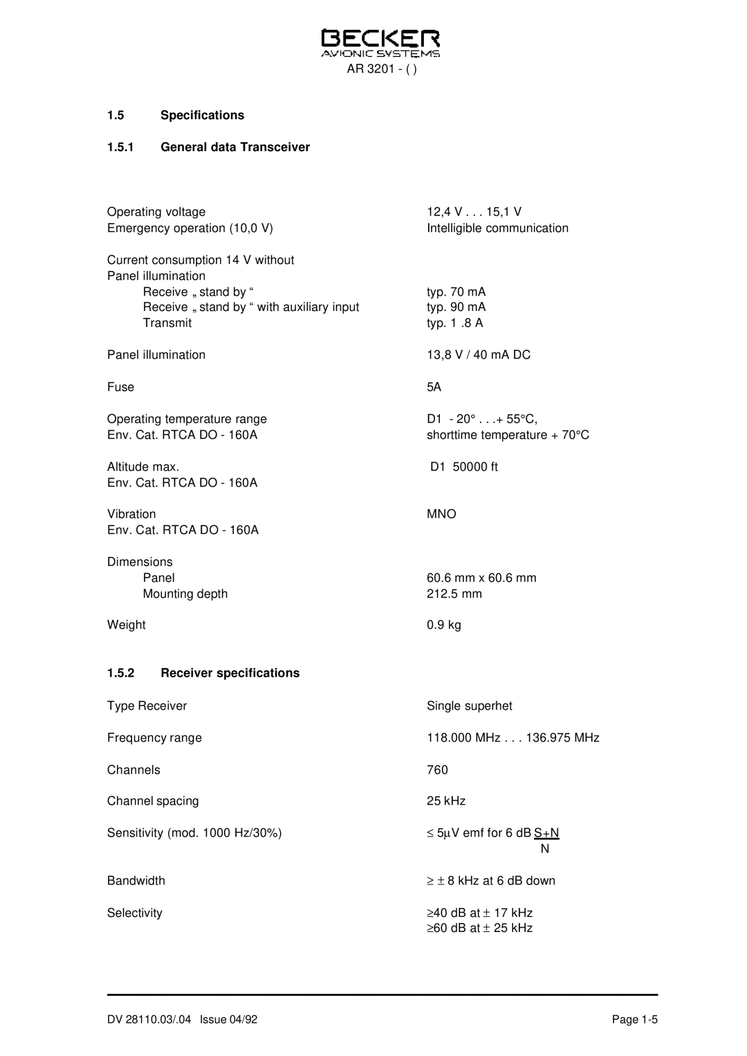 Becker Designed AR 3201 operation manual Specifications General data Transceiver, Receiver specifications 