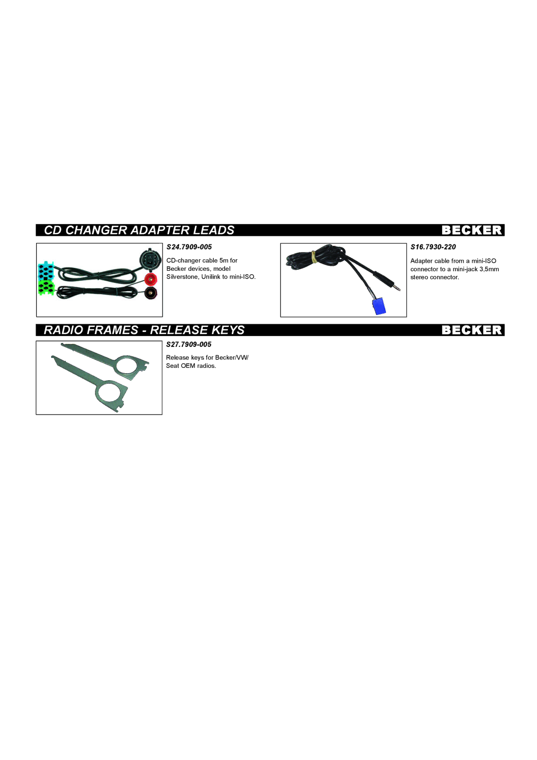 Becker Designed S27.7909-005, S24.7909-005 manual CD Changer Adapter Leads, Radio Frames Release Keys 