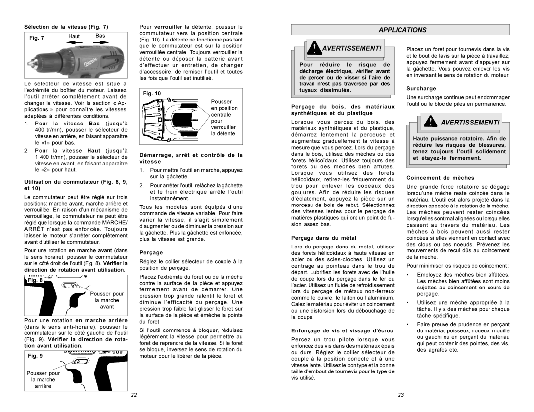 Beckett 0612-20 Sélection de la vitesse Fig, Utilisation du commutateur , 9, et, Perçage dans du métal, Surcharge 