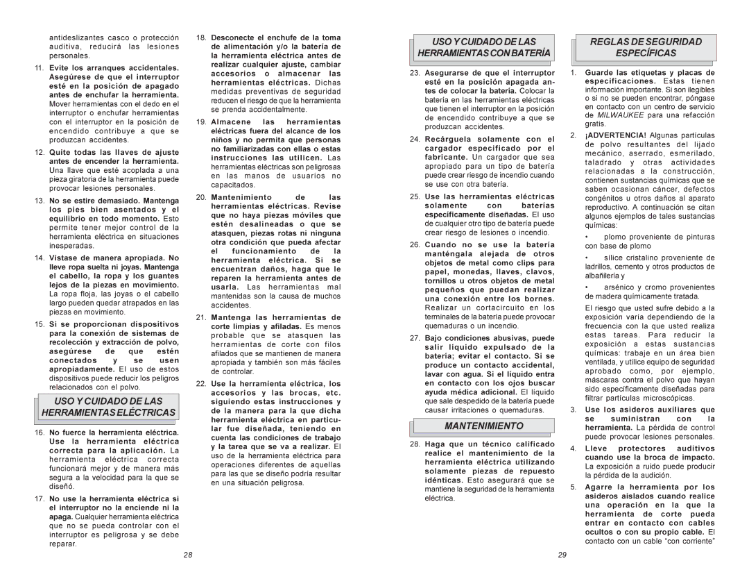 Beckett 0602-20, 0612-20 manual Reglas DE Seguridad, Específicas, USO Y Cuidado DE LAS Herramientaseléctricas, Mantenimiento 